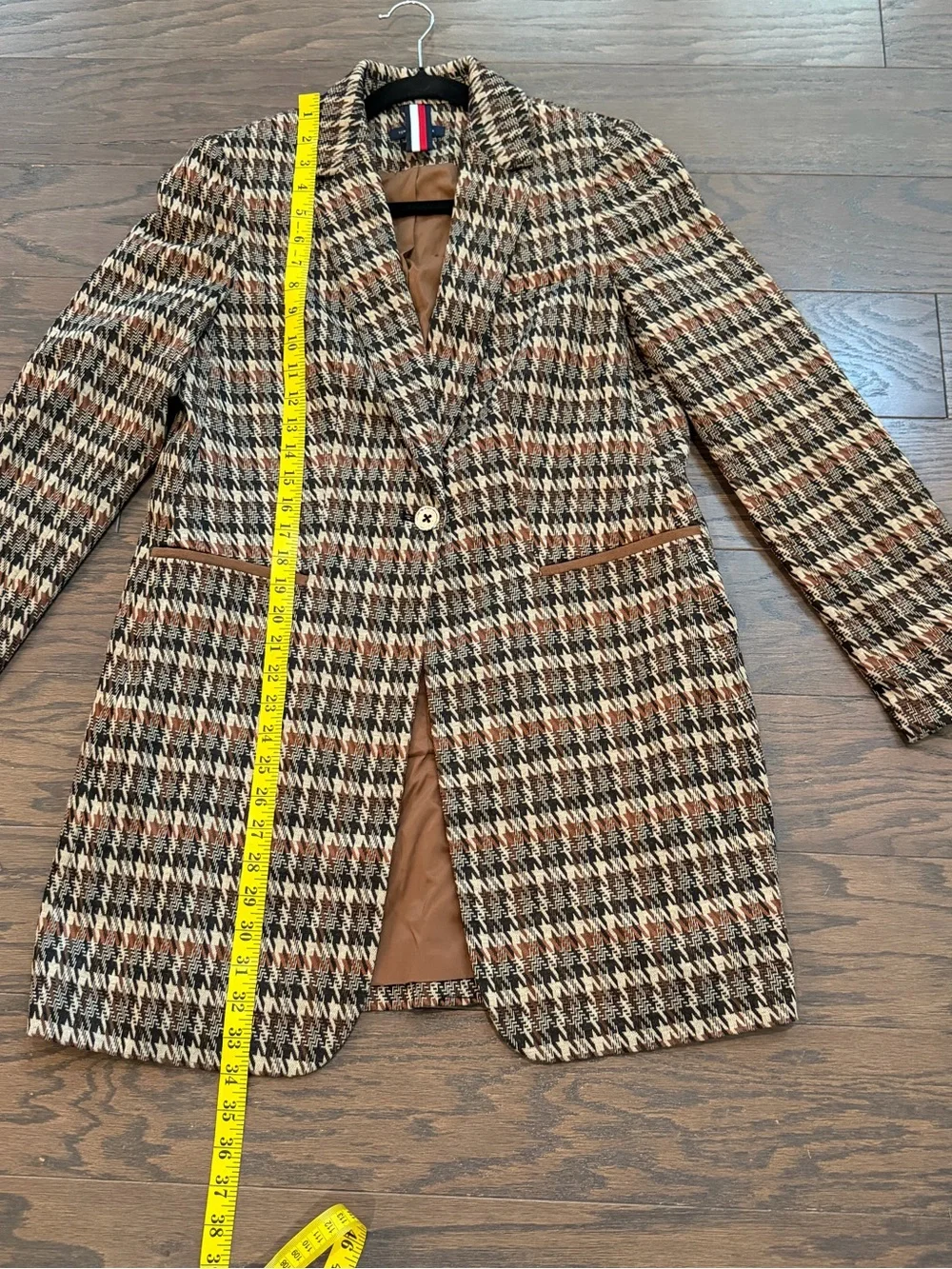 Tommy Hilfiger Houndstooth Longline Blazer Jacket Brown Faux Suede Elbow Size 10